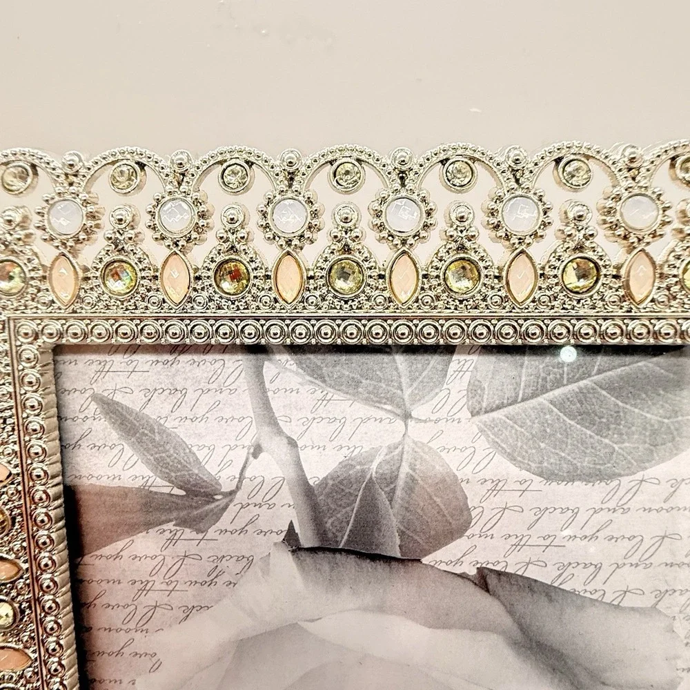 Pair Jeweled 4x6 Picture Frames Enamel Rhinestone Pearl Hollywood Regency